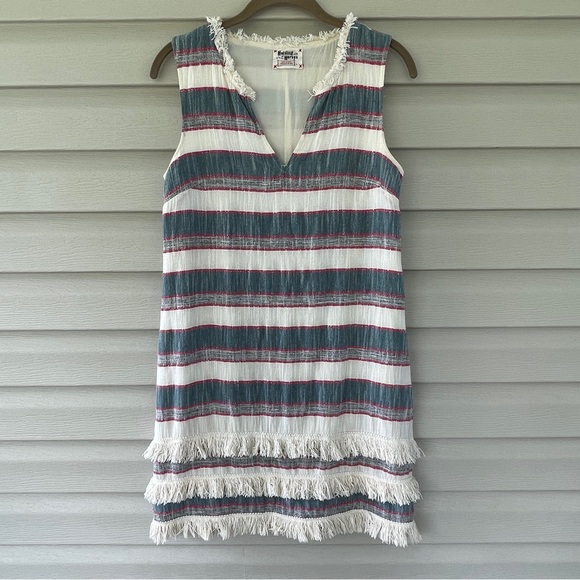 Anthropologie Holding Horses Stripe Cream Blue Fringe Shift Dress Size 4 - Picture 2 of 14
